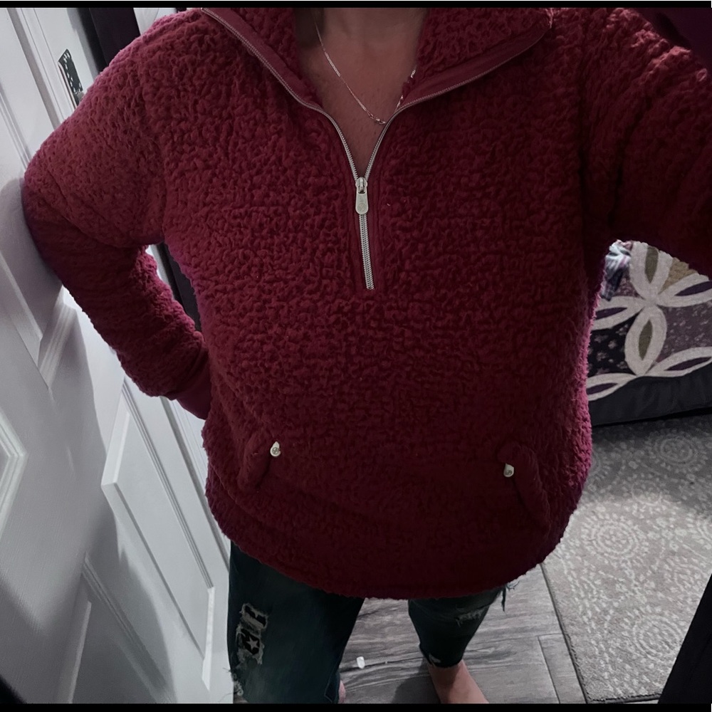 Adrienne Vittadini red/pink Sherpa 1/4 zip top